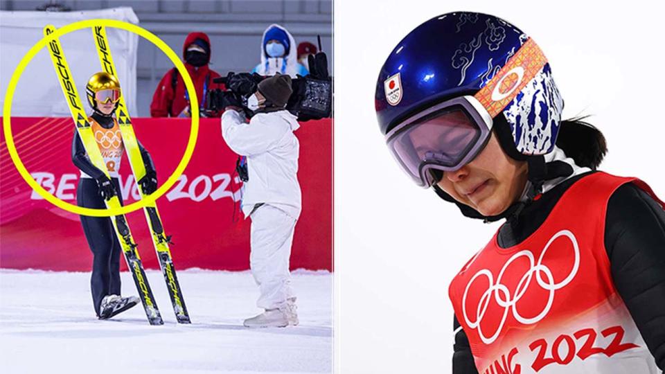 Ski jumper Katharina Althaus (pictured left) filmed after her jump and (pictured right) Sara Takanashi upset after being disqualified at the Winter Olympics.