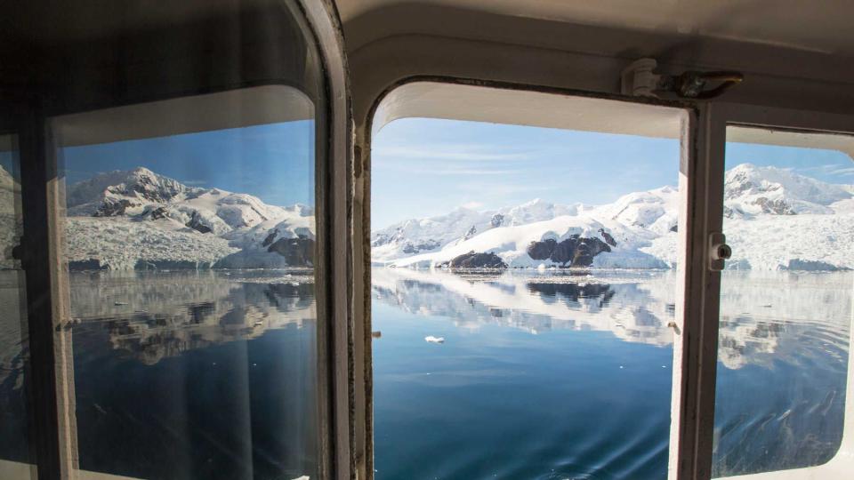 A view from one of the cabins on the Akademik Sergey Vavilov, an ice strengthened ship on an expedition cruise to Antarctica