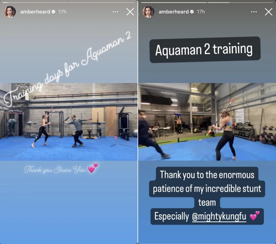 Amber Heard publicó dos historias en su perfil de Instagram mostrando su entrenamiento físico durante las coreografías de acción de 'Aquaman y el reino perdido' (Instagram/AmberHeard)