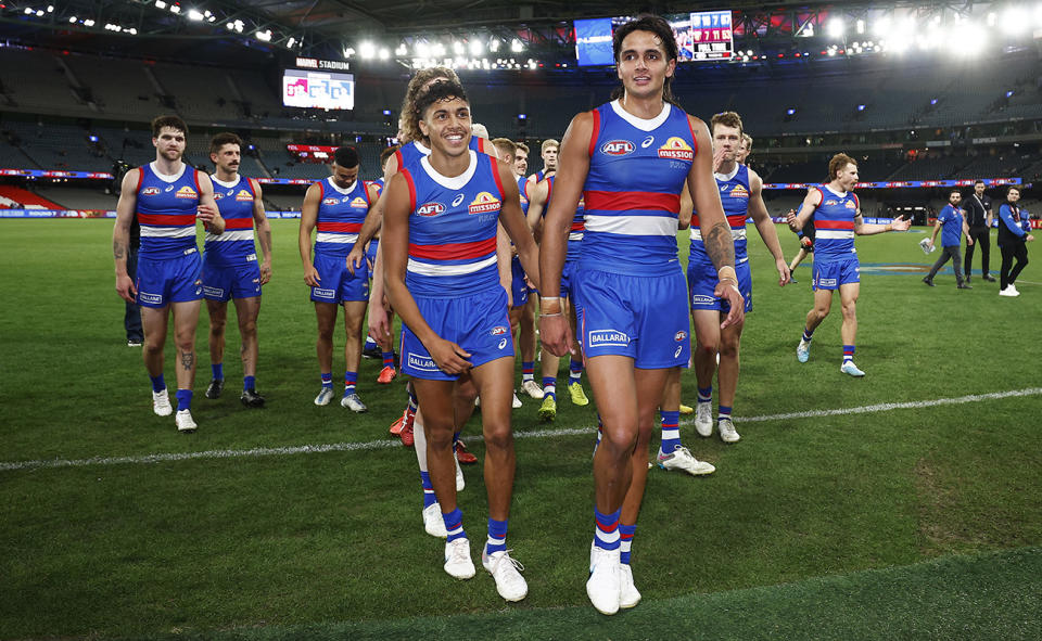 Jamarra Ugle-Hagan, pictured here leading the Bulldogs off the field after their win over Brisbane.