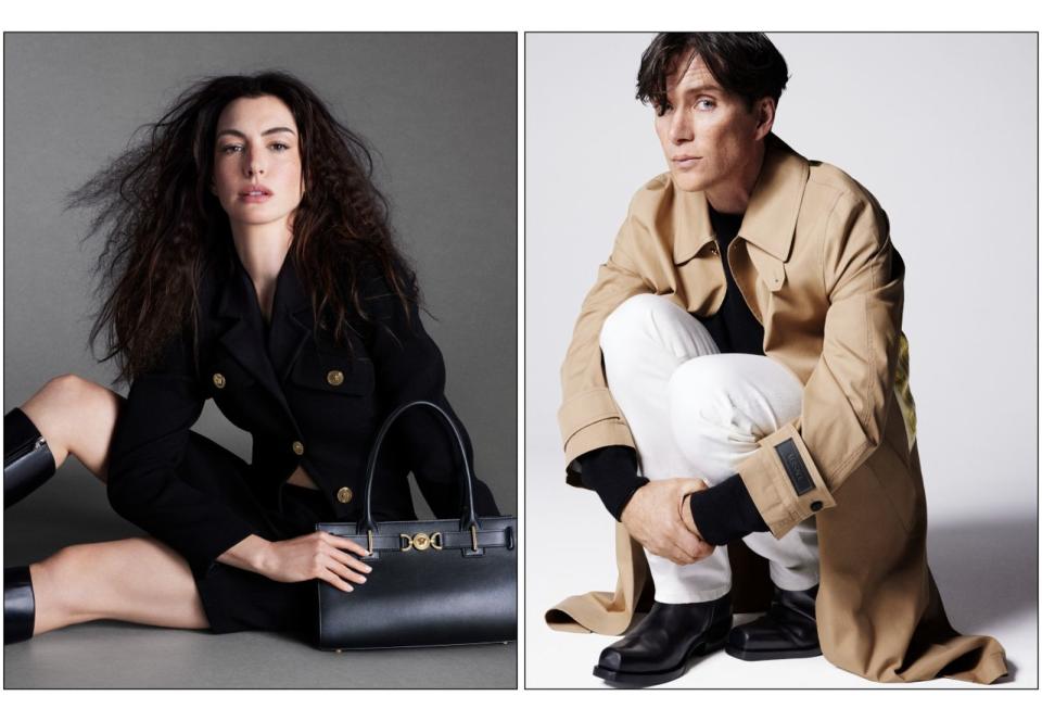 （左起）安·海瑟薇（Anne Hathaway）與席尼·墨菲（Cillian Murphy）分別演繹全新Versace Icons系列形象廣告。（Versace提供）
