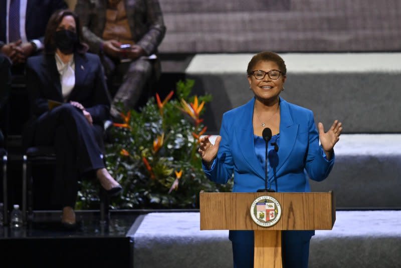 Los Angeles Mayor Karen Bass addresses supporters after being sworn in as the first women to be LA's mayor at Microsoft Theater, Dec. 2022. On Wednesday, Bass called the unfolding violence at UCLA “absolutely abhorrent and inexcusable” as she said law enforcement had arrived on campus before 5 a.m. local time. Photo by Jim Ruymen/UPI