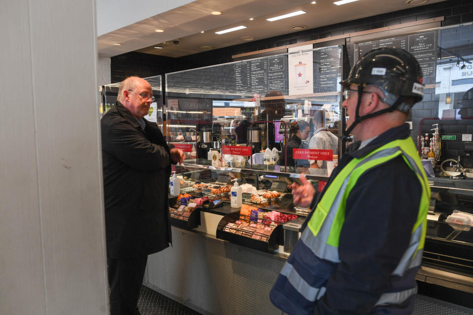 LONDON, ENGLAND - MAY 13: Protective screens and hand gel are seen in a Pret a Manger store on May 13, 2020 in London, England. The prime minister announced the general contours of a phased exit from the current lockdown, adopted nearly two months ago in an effort curb the spread of Covid-19.  (Photo by Peter Summers/Getty Images)