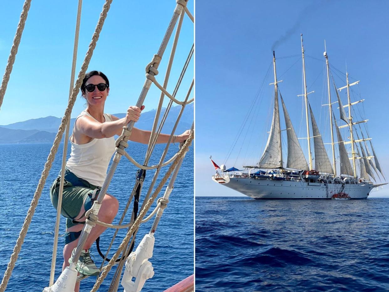 Side by side of author on mast and tall ship Star Clipper, Laura Kiniry, "I went on a tall sailing ship in the French Riviera for a week and felt transported to a bygone era."