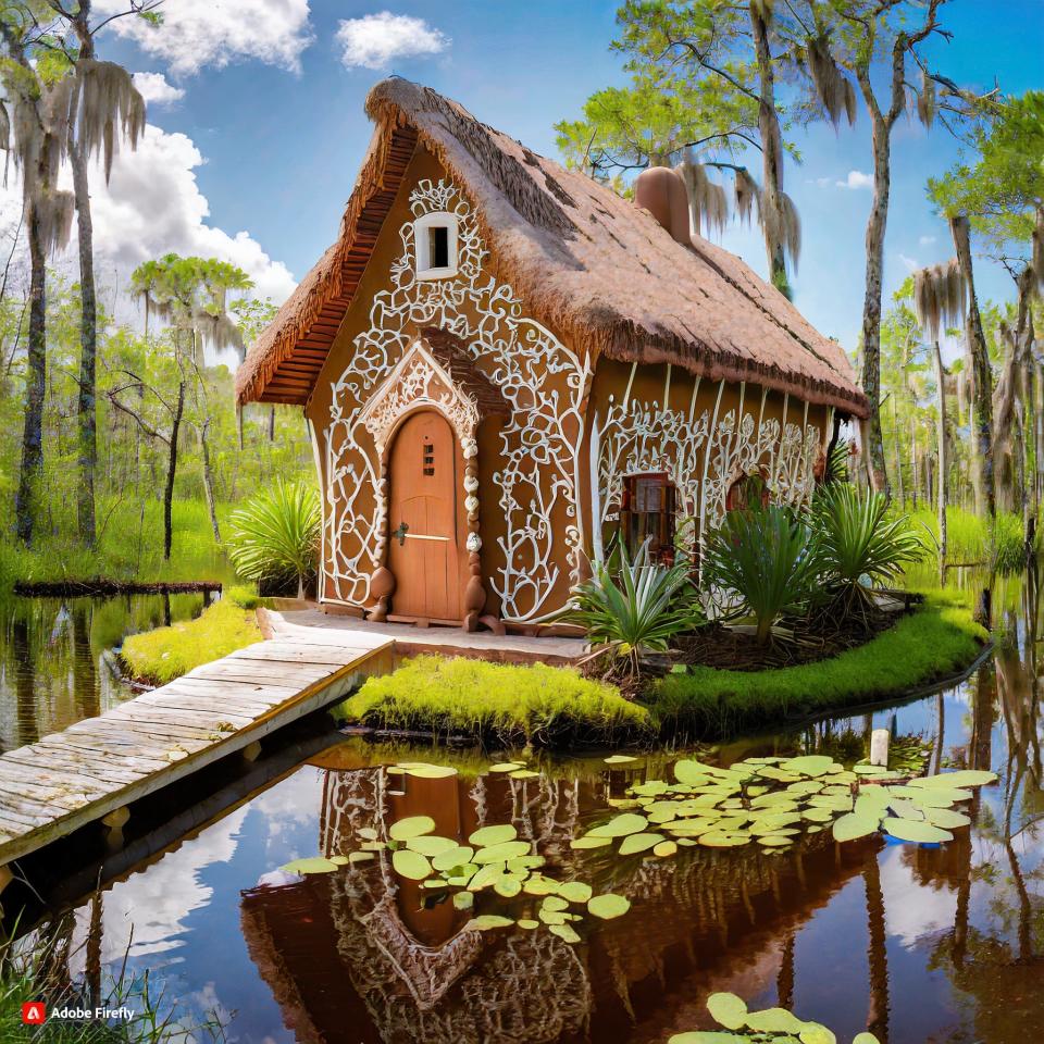 This Floridian swamp paradise gingerbread house is an AI rendering from Adobe Firefly, inspired by Adobe's 'State Sweets' AI gingerbread house images. Adobe Firefly only uses images that are copyright-free, content with an expired copyright or images from Adobe stock images.