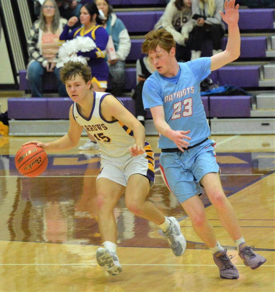 Watertown's Marcus Rabine brings the ball up the court against Sioux Falls Lincoln's Braxton Mohr during their high school boys basketball game on Tuesday, Jan. 30, 2024 in the Watertown Civic Arena. Lincoln won 61-54.