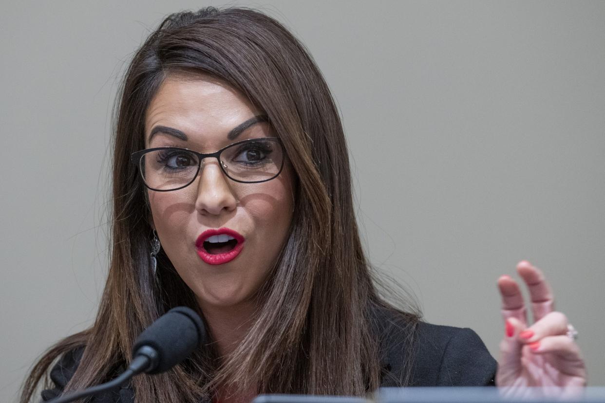 (File) Rep. Lauren Boebert, R-Colo., speaks during a House Committee on the Budget hearing on the Presidents fiscal year 2023 budget, Tuesday, March 29, 2022, in Washington. (Rod Lamkey/Pool Photo via AP)