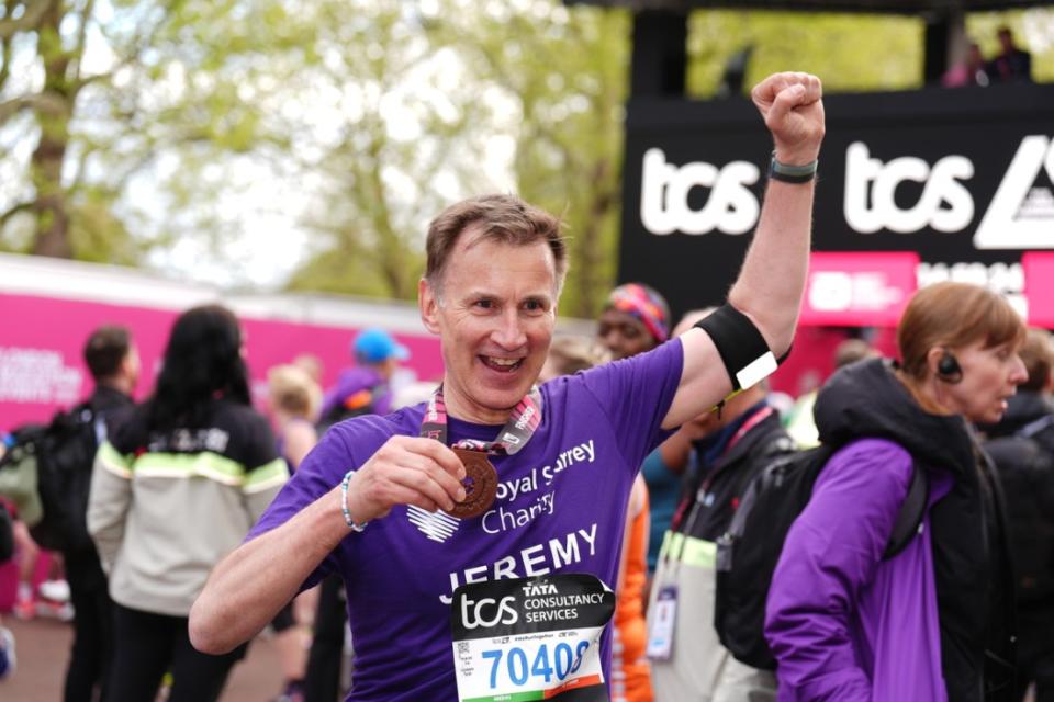 Jeremy Hunt after finishing the TCS London Marathon. Photo: PA