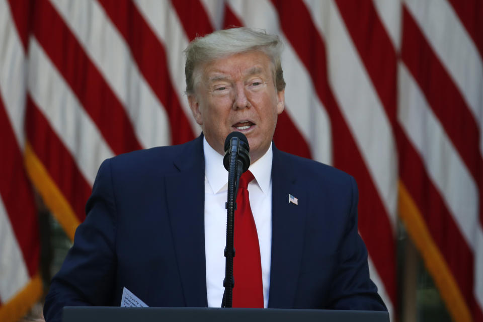 FILE - In this May 7, 2020, file photo President Donald Trump speaks during a White House National Day of Prayer Service in the Rose Garden of the White House in Washington. The coronavirus pandemic is complicating what has been a May reelection campaign launch for recent presidents. Trump has told reporters recently he would travel soon to Ohio, a battleground state. (AP Photo/Alex Brandon, File)