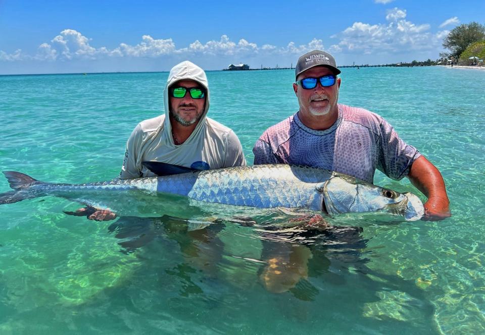 Jason Bennett of Winter Haven caught this 150-pound class tarpon on a cut thread fin herring while fishing at Anna Maria with Capt. John Gunter recently.