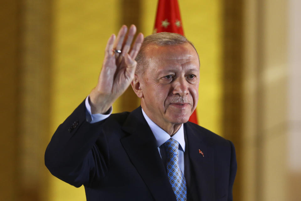 Turkey President Recep Tayyip Erdogan won reelection Sunday, extending his increasingly authoritarian rule into a third decade as the country reels from high inflation and the aftermath of an earthquake that leveled entire cities.  (Ali Unal / AP)