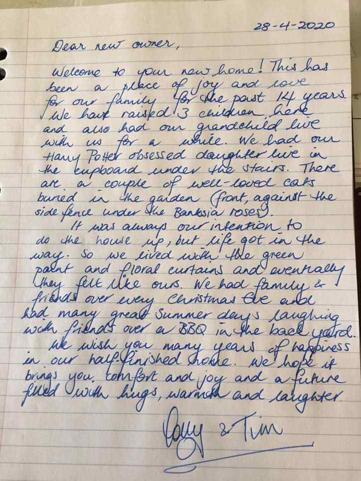 Melbourne couple's heartwarming letter to the new homeowners