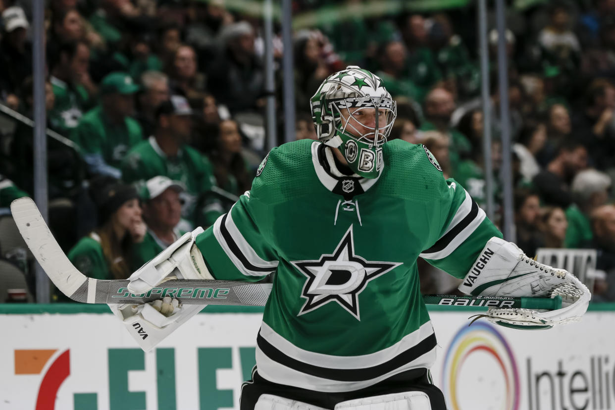 DALLAS, TX - OCTOBER 12: Dallas Stars goaltender Anton Khudobin (35) skates during a timeout during the game between the Dallas Stars and the Washington Capitals on October 12, 2019 at the American Airlines Center in Dallas, Texas. (Photo by Matthew Pearce/Icon Sportswire via Getty Images)