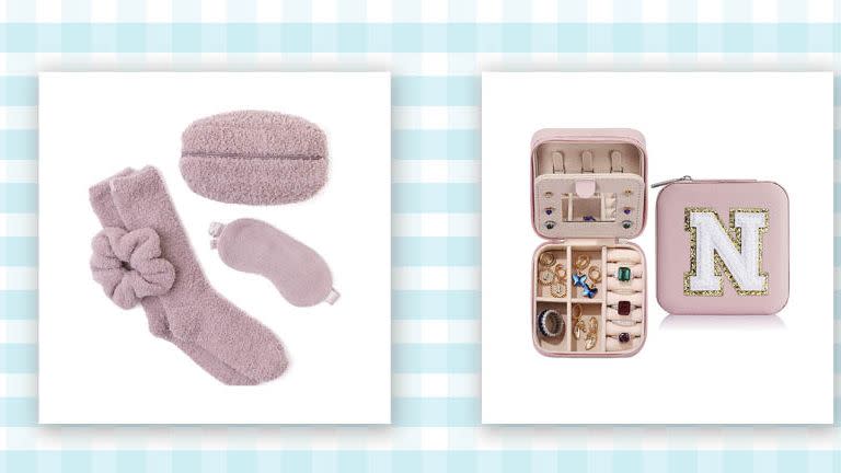 blush sock scrunchie and sleep mask set and travel jewelry case