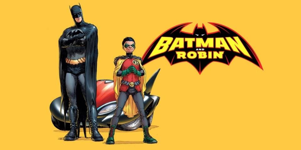 Comic Book title page from Grant Morrison and Frank Quitely's Batman and Robin showing the duo standing in front of the Batmobile.