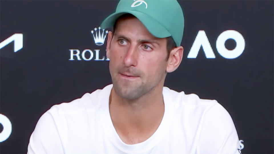 Novak Djokovic, pictured here speaking to the media after winning the Australian Open.