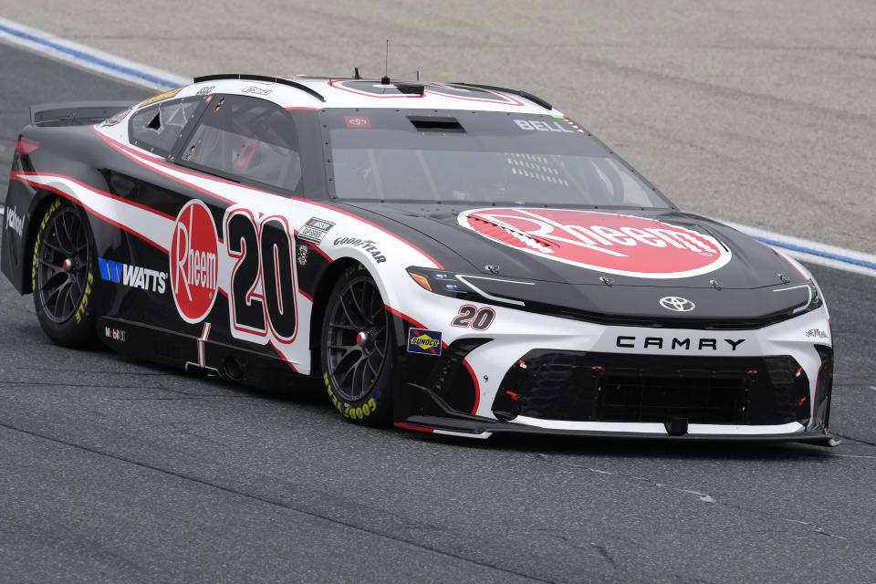 Christopher Bell steers his car out of Turn 1 in a NASCAR Cup Series race, Sunday, June 23, 2024, at New Hampshire Motor Speedway in Loudon, N.H. (AP Photo/Steven Senne)