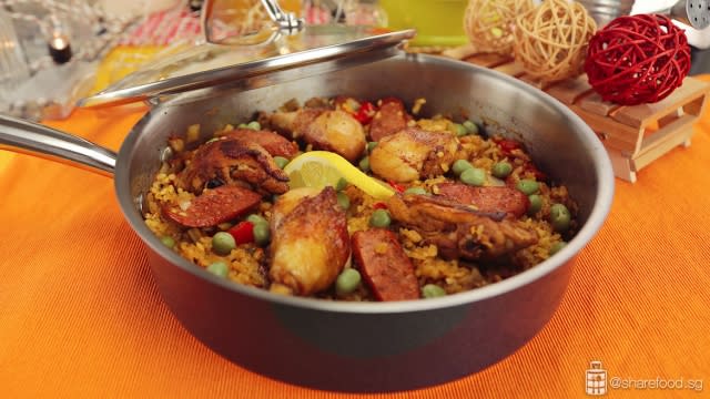 Pan Seared Chicken Paella served in Meyer Stainless Steel Pan