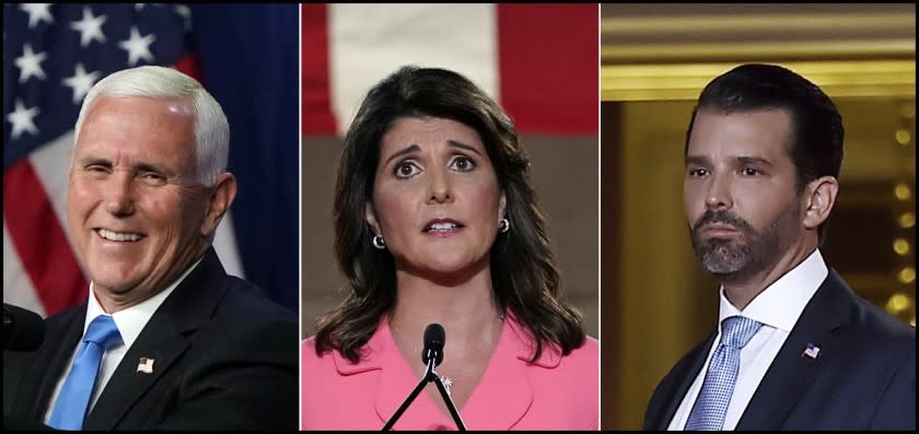 On Monday August 24 2020, (l to r) Vice President Mike Pence prepares to speak during the first day of the Republican National Convention in Charlotte, N.C.; Former U.N. Ambassador Nikki Haley speaks during the Republican National Convention from the Andrew W. Mellon Auditorium in Washington; Donald Trump Jr. speaks during the first day of the Republican convention at the Mellon auditorium.