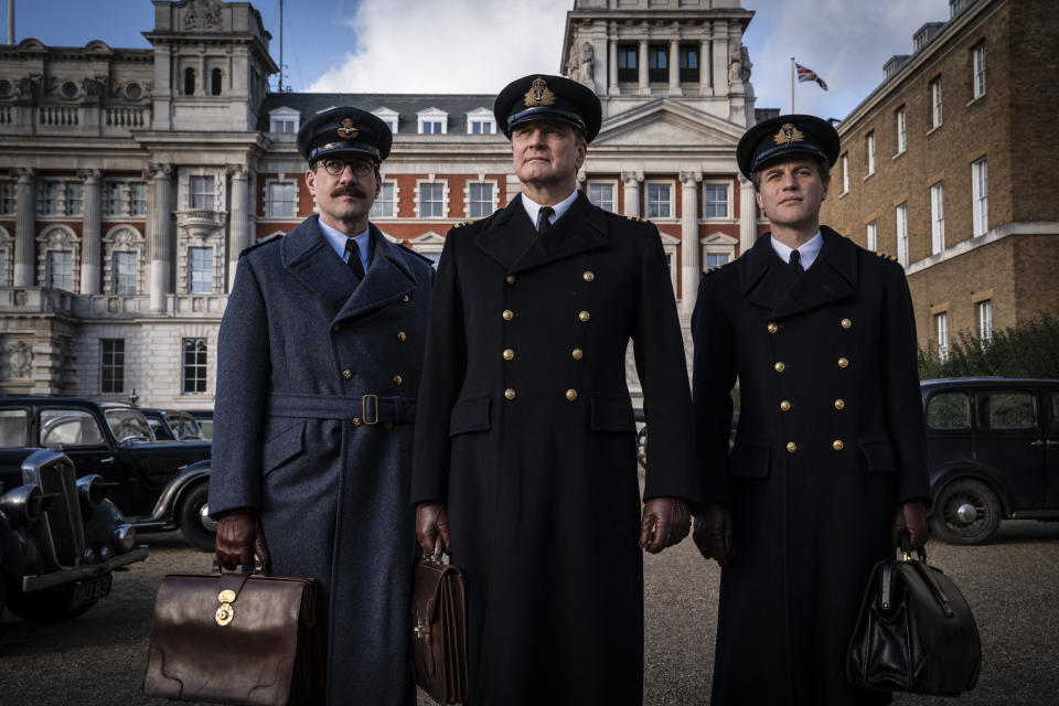 Matthew Macfadyen, Colin Firth, and Johnny Flynn in Operation Mincemeat (Warner Bros.)