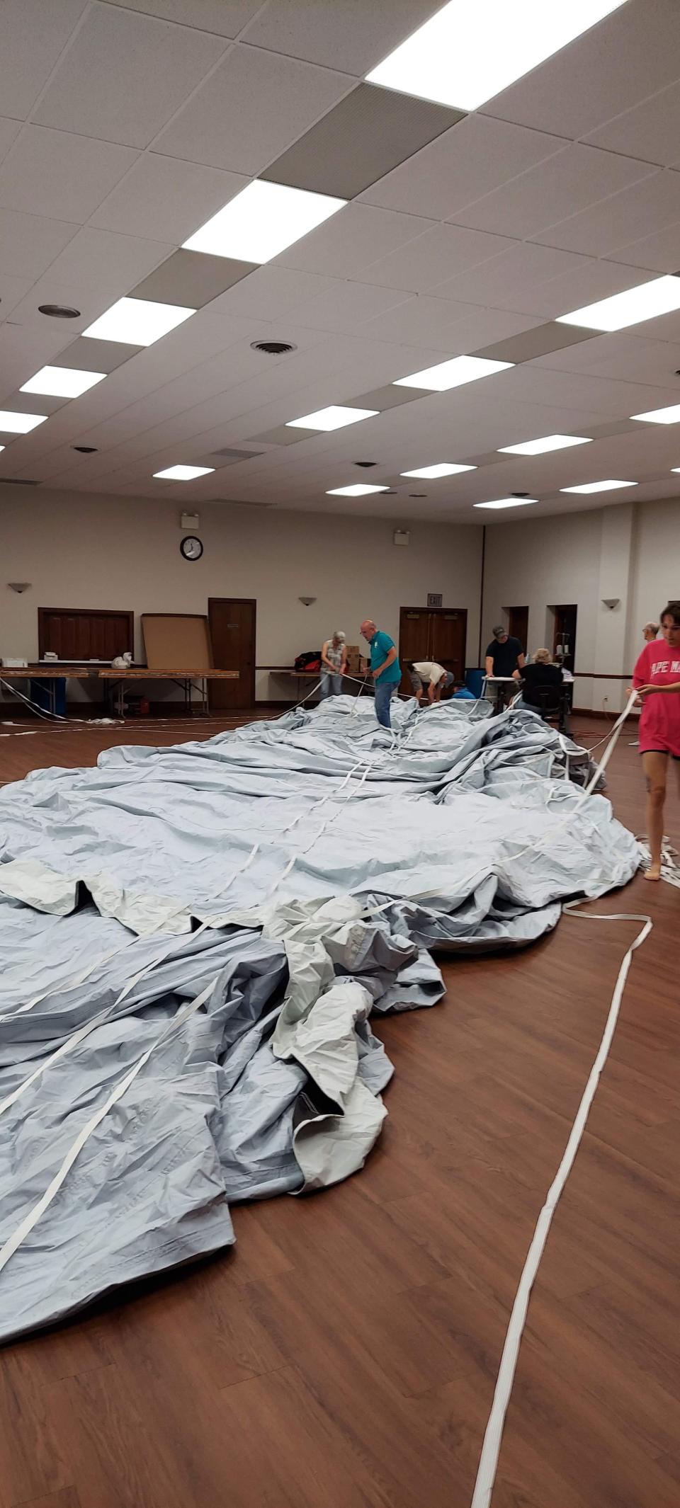 The material being used for a balloon flight across the Atlantic in September is laid out in preparation for the journey.