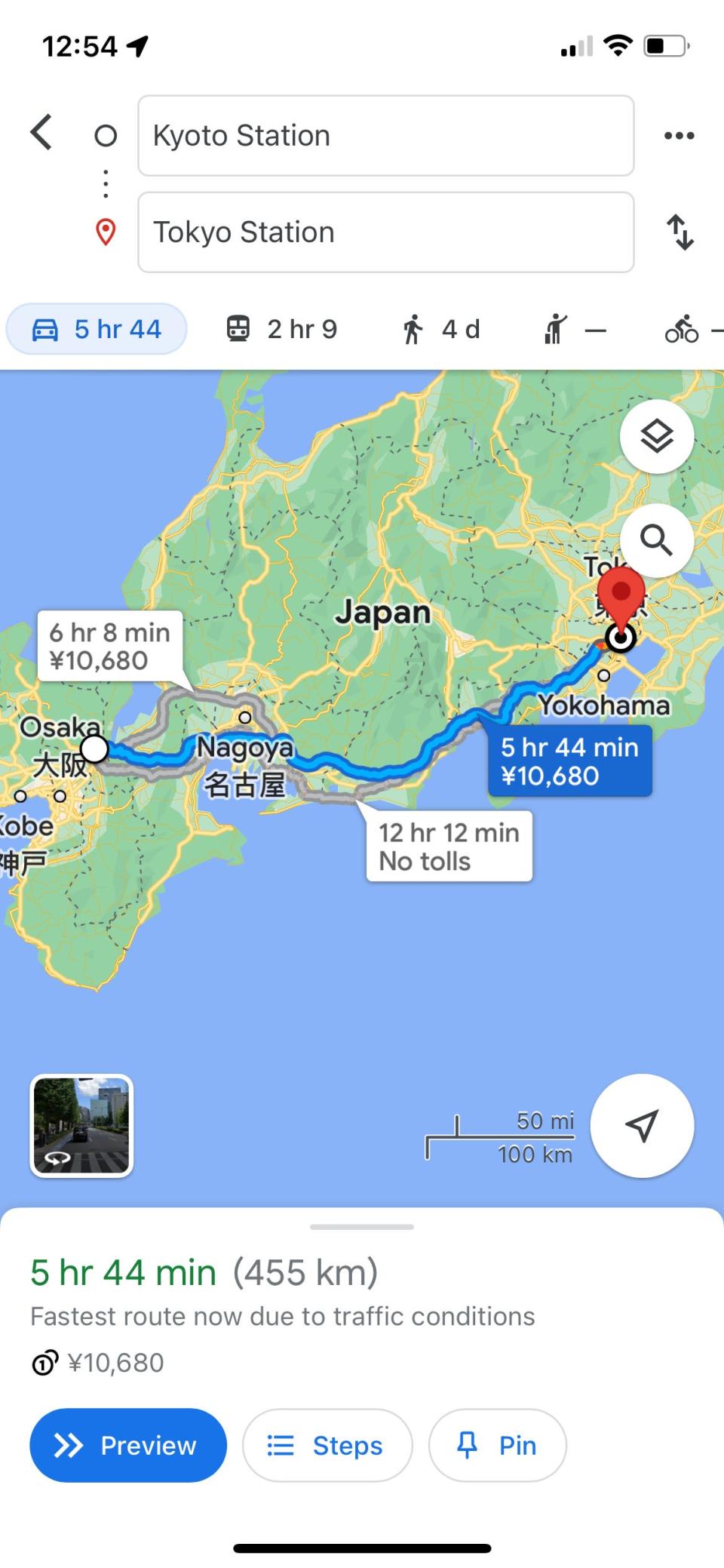 A screenshot of the drive between Kyoto and Tokyo.