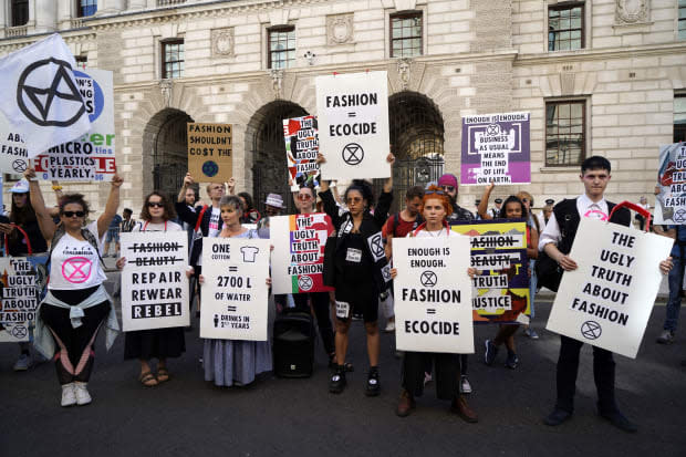 Extinction Rebellion protestors at London Fashion Week. Photo: Niklas Halle'n/AFP/Getty Images