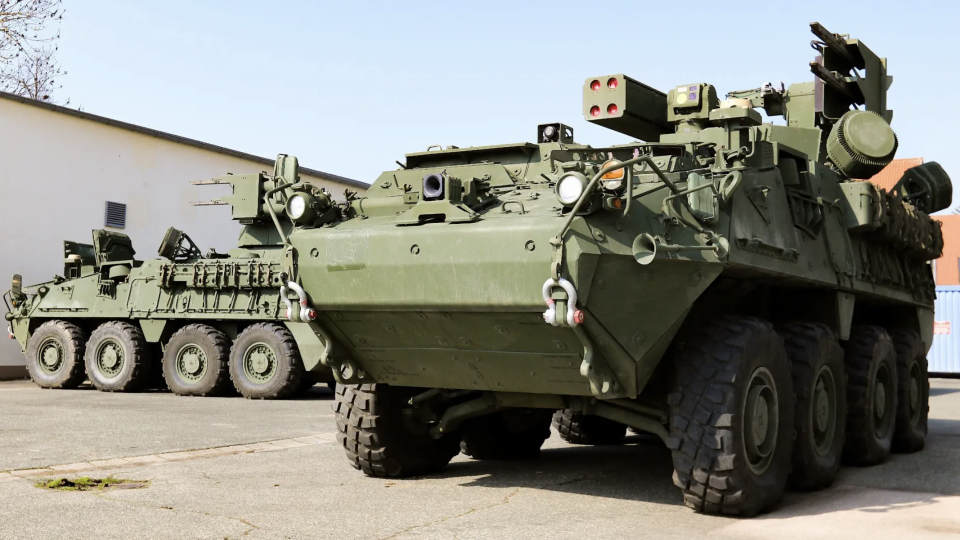 A pair of U.S. Army Maneuver Short Range Air Defense (M-SHORAD) systems assigned to the 5th Battalion, 4th Air Defense Artillery Regiment in Germany. <em>U.S. Army</em><br>