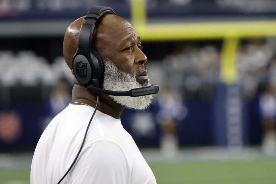 Houston Texans head coach Lovie Smith looks on from the sideline during the first half of an NFL football game against the Dallas Cowboys, Sunday, Dec. 11, 2022, in Arlington, Texas. (AP Photo/Michael Ainsworth)