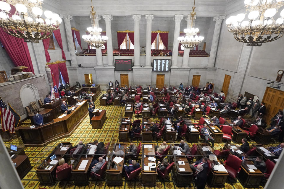 Members of the Tennessee House debate a bill allowing most adults to carry handguns without obtaining a permit Monday, March 29, 2021, in Nashville, Tenn. The bill passed the House, 64-29, and can now be signed into law by Gov. Bill Lee. (AP Photo/Mark Humphrey)