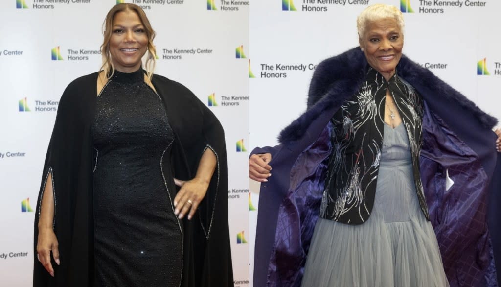 2023 Kennedy Center Honorees Queen Latifah (left) and Dionne Warwick (right). (AP Photo/Kevin Wolf)