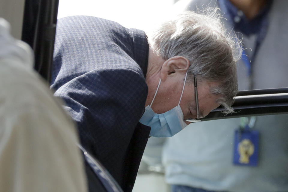 Australian Cardinal George Pell arrives at Rome's international airport in Fiumicino, Wednesday, Sept. 30, 2020. Pell took a leave of absence from his job in 2017 to stand trial in his native Australia on historic child sexual abuse charges, for which he was ultimately acquitted. (AP Photo/Andrew Medichini)