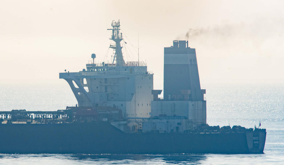 A view of the Grace 1 supertanker standing off the British territory of Gibraltar, Friday, Aug. 16, 2019. The lawyer representing the captain of the Iranian supertanker caught in a diplomatic standoff said Friday that the captain no longer wants to be in command of the ship, which is in need of repairs that could prevent its immediate departure from Gibraltar.(AP Photo/Marcos Moreno)