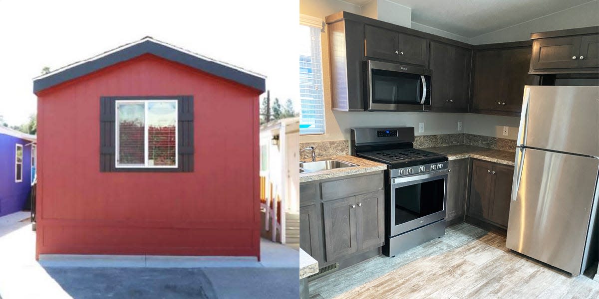 On the left, exterior shot of red mobile home in los angeles. On the right, a view of the kitchen, with dark cabinets and stainless steel appliances.