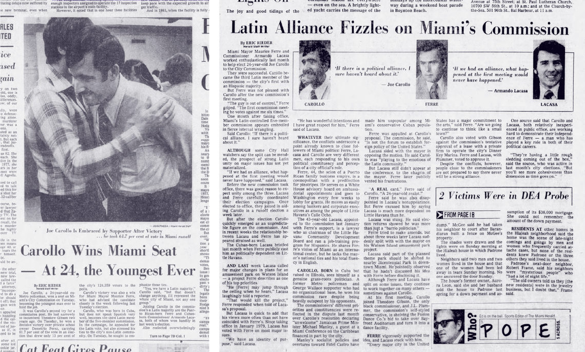 Miami Herald coverage of Carollo winning his commission seat for the first time in November 1979, left, and following Carollo’s first meeting, right. After that first meeting, Miami Mayor Maurice Ferre reportedly said: “The guy is out of control.”