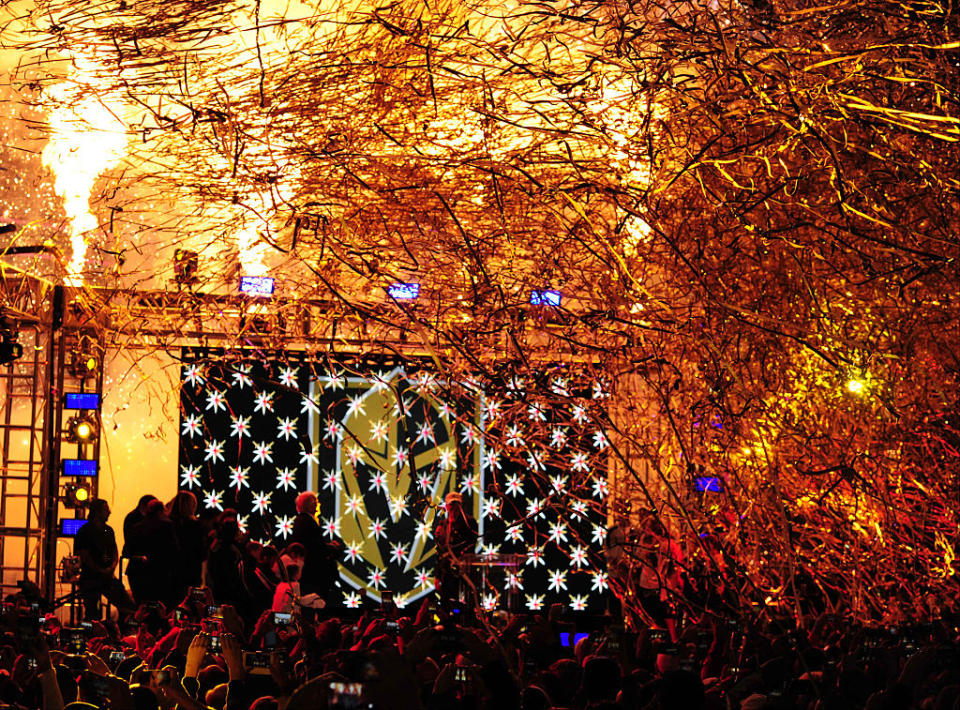 LAS VEGAS, NV – NOVEMBER 22: Pyrotechnics explode as the Vegas Golden Knights name and logo is revealed during the Las Vegas NHL team name Unveiling ceremony on November 22, 2016, at The Park at T-Mobile Arena in Las Vegas, NV. (Photo by Josh Holmberg/Icon Sportswire via Getty Images)