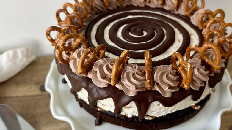 Chocolate-covered pretzel ice cream cake