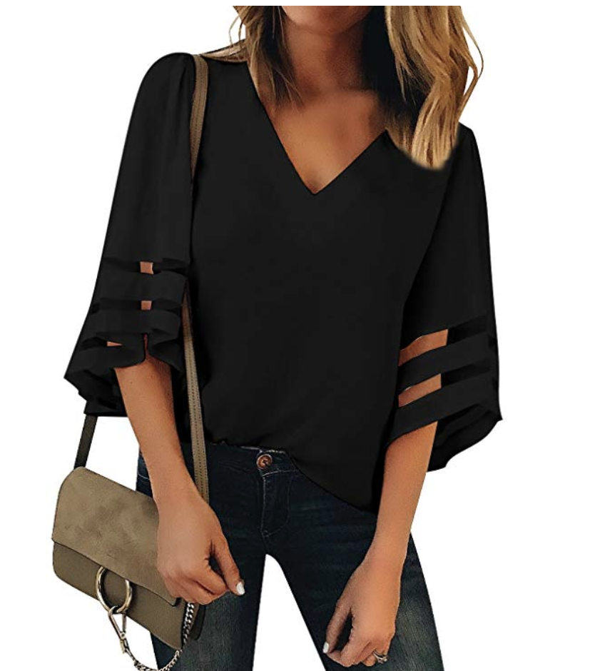 LookbookStore Women's V Neck Mesh Panel Blouse 3/4 Bell Sleeve Loose Top Shirt. (Photo: Amazon)