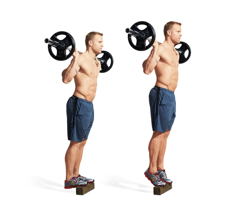 How to do it:<ol><li>Place a block, step, or weight plate on the floor.</li><li>Grasp a barbell and hold it on the backs of your shoulders, as in a squat.</li><li>Place your toes on the block so your calves are stretched, but make sure you can maintain balance.</li><li>Raise your heels to come up onto the balls of your feet.</li></ol>Target areas:<ul><li>calves</li><li>glutes</li></ul>Pro tip:<p>For added challenge, hold for 1-2 seconds at the top of your raise and lower slowly.</p>Variation:<p>If you're dealing with any back or shoulder issues, another version of this move can be done using resistance bands. Wrap the band around the balls of your feet from a seated position and pull on the band slowly so your toes are pointed toward you.</p>