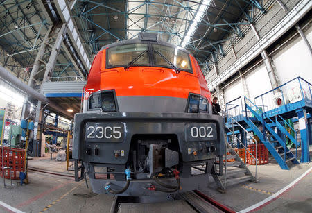 A train is seen at Novocherkassk Electric Locomotive Plant (NEVZ) in Novocherkassk, in Rostov-on-Don region, Russia, April 25, 2013. REUTERS/Interpress/Viktor Pogontsev