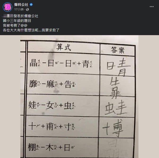 這題你會嗎？國小作業「棚-木＋日」全網被考倒　正確答案曝光