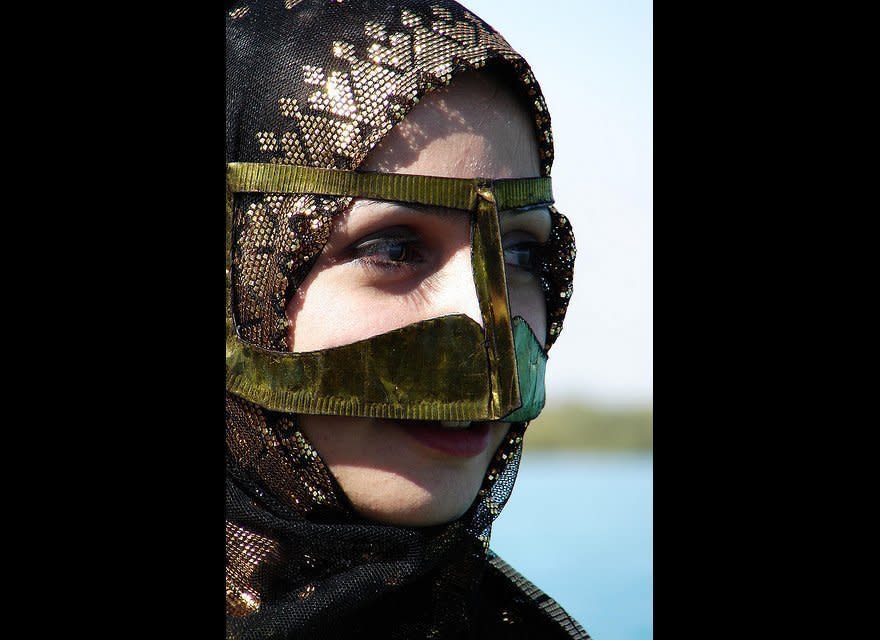 The Batula is a face covering generally worn by older women in the Gulf region.  This is a style that is slowly being depleted and not carried forward by younger generations.