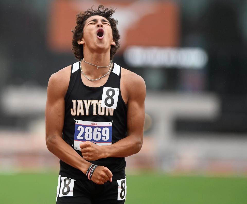 Jayton's Sean Stanaland reacts to his first-place win during the 800 meters during the Class 1A UIL State track and field meet, Saturday, May 4, 2024, at Mike A. Myers Stadium in Austin.