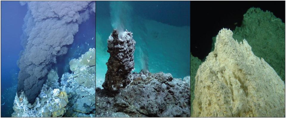 Trois exemples de cheminées hydrothermales et des fluides associés. À gauche : fumeur noir (>300 °C) associé à une cheminée composée de sulfures, Atlantique Nord. Au centre : fumeur translucide (270 °C) associé à une cheminée composée de sulfates de calcium et rare sulfures, Pacifique Sud-Ouest. À droite : cheminée de carbonate associé à un fluide translucide de moyenne température (<span>Ifremer, CNRS/Sorbonne Univ/Ifremer, Ifremer, Fourni par l'auteur</span>