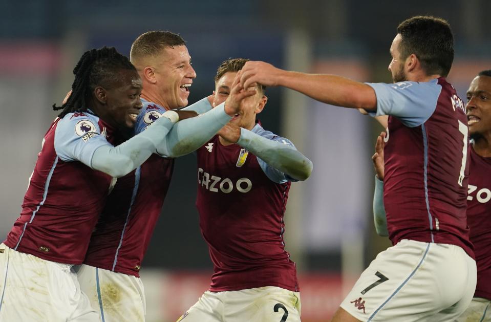 Aston Villa's Ross Barkley celebrates scoring against Leicester City.