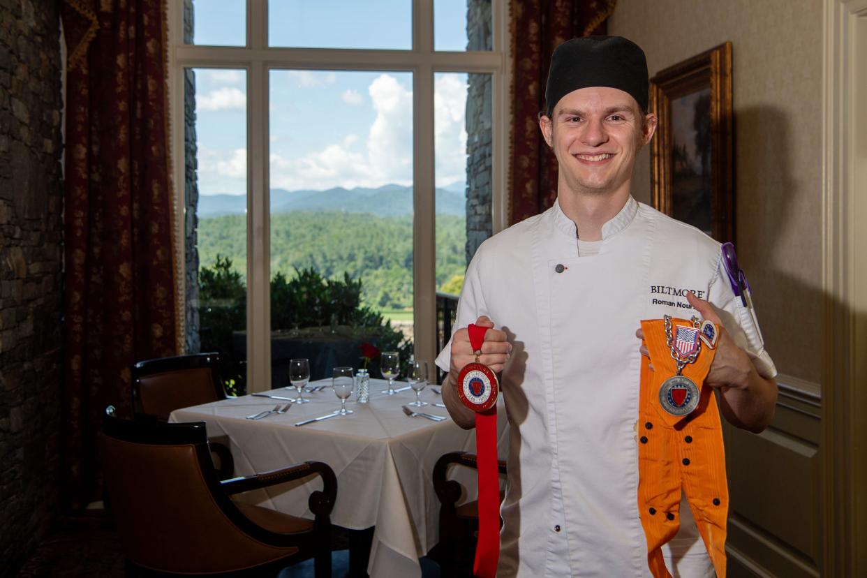 The Inn on Biltmore Estate's Banquet Demi Chef Roman Nourse, a 2023 A-B Tech culinary arts program graduate, has won the 2024 National Champion of Jeunes Chefs Rôtisseurs (JCR) Competition and will go to the International Jeunes Chefs Rôtisseurs Competition in 2025.