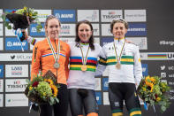 Cycling - UCI Road World Championships - Women Individual Time Trial - Bergen, Norway - September 19, 2017 - Gold medalist Annemiek van Vleutern (C) stands on the podium flanked by silver medalist Anna van der Breggen (L) and bronze medalist Katrin Garfoot. NTB Scanpix/Marit Hommedal via REUTERS ATTENTION EDITORS - THIS IMAGE WAS PROVIDED BY A THIRD PARTY. NORWAY OUT. NO COMMERCIAL OR EDITORIAL SALES IN NORWAY.