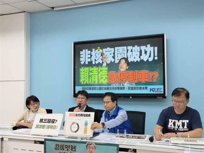 國民黨團今(30)上午召開記者會，嘆民進黨死抱的「非核家園」神主牌，在民進黨總統參選人賴清德一句「緊急時刻重啟核電」，重重打臉蔡英文總統。（國民黨團提供）