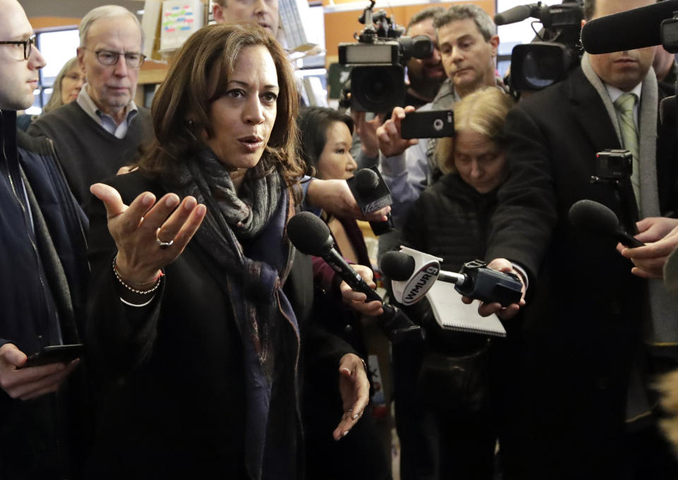 Democratic presidential candidate Sen. Kamala Harris, D-Calif., speaks to media at Gibson's Bookstore & Cafe, Monday, Feb. 18, 2019, in Concord, N.H. (AP Photo/Elise Amendola)