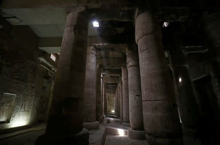 A view shows columns reaching the engraved ceiling at Mortuary Temple of Seti I, Abydos archeological site, Sohag, Egypt April 5, 2019. REUTERS/Mohamed Abd El Ghany